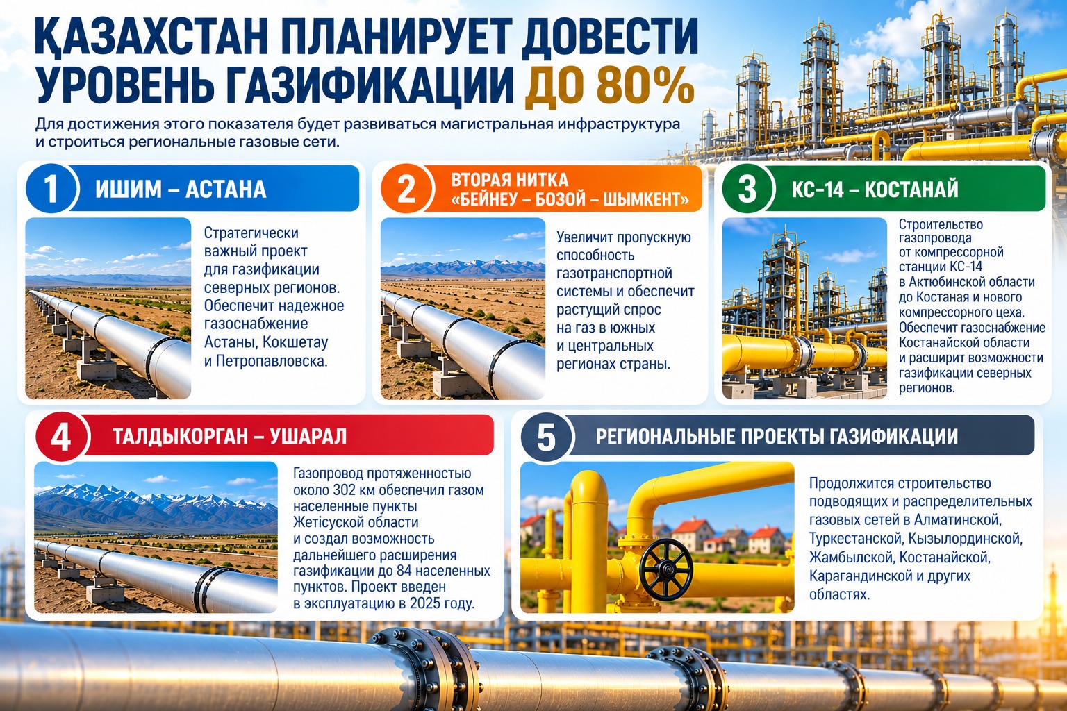 Как Казахстан планирует довести уровень газификации до 80%?